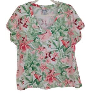 Tommy Bahama Floral V-Neck T-Shirt Womens M Green Pink Tropical Cuffed Sleeve